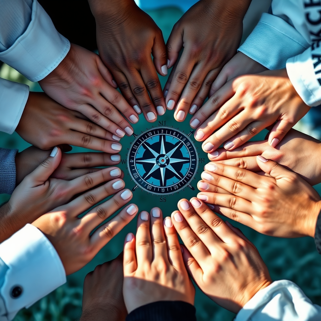 Capture a high-quality image that represents the core values of A2 DYNATECH SOLUTIONS SDN BHD through a visual of hands of various team members forming a circle around a marine compass. The composition should foster unity and teamwork, showcasing natural lighting that brings warmth and connection. Utilize a palette of calming and motivational colors like blues and greens, connecting to the marine environment. Use close-up focus to detail the hands and compass. High resolution should be maintained to emphasize textures and emotions.