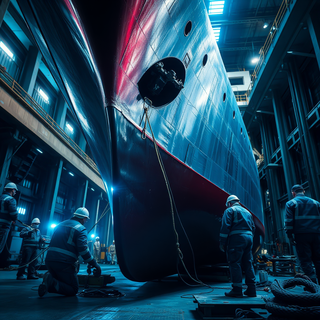 Craft a photorealistic image showcasing a detailed marine engineering project, depicting engineers working on a ship's hull in dry dock. Use dynamic, bright lighting to highlight the intricate engineering elements while incorporating deep sea blue tones for a nautical ambiance. Showcase textures visible in the material of the ship and the tools in use, emphasizing a technical atmosphere. The camera angle should provide depth while maintaining clarity. Aim for high-resolution output.