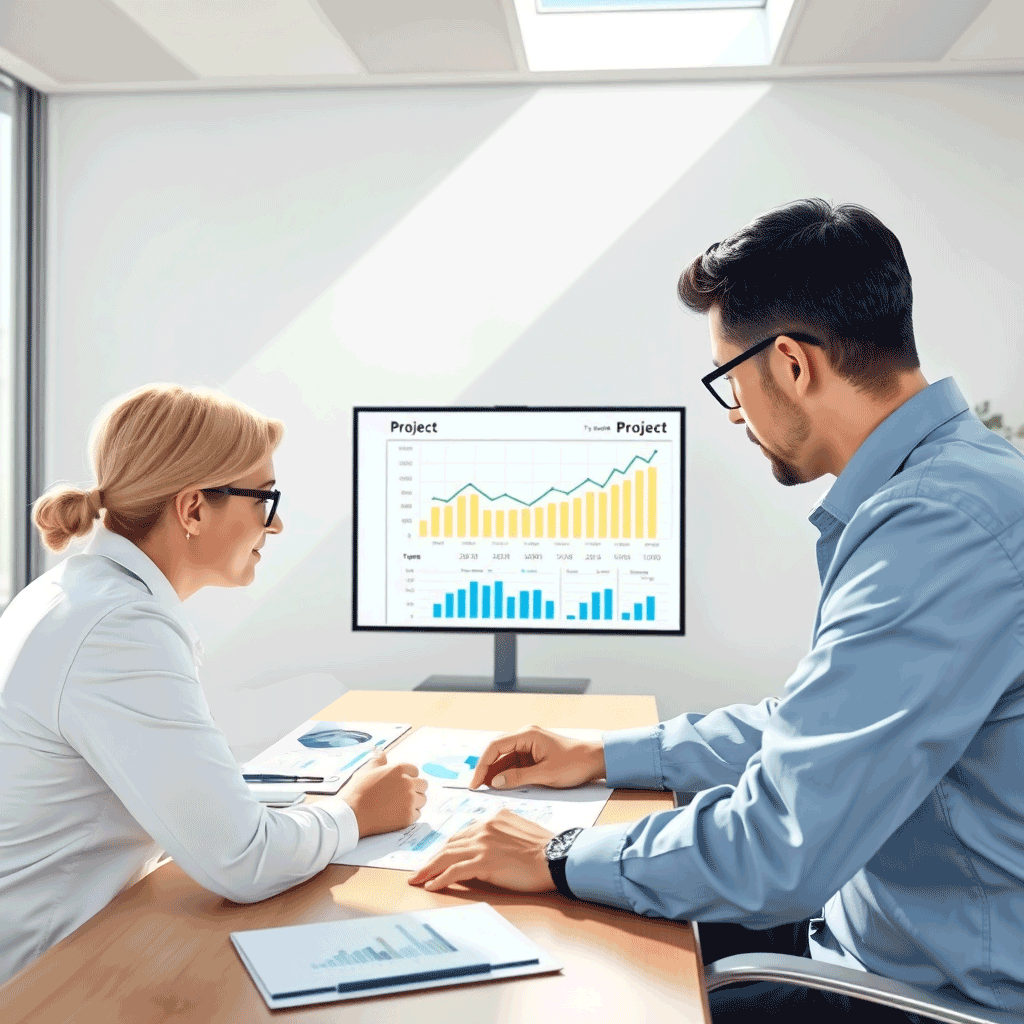 Illustrate a high-quality photorealistic image depicting a project management session. Show project leaders analyzing charts and timelines in a meeting room setting. Use clear, bright lighting with natural sources to create an open, communicative atmosphere. Maintain a color scheme of soft whites and blues, evoking a sense of reliability. Focus on the graphs and digital screens to showcase meticulous attention to detail. High resolution should be prioritized to capture intricate elements.