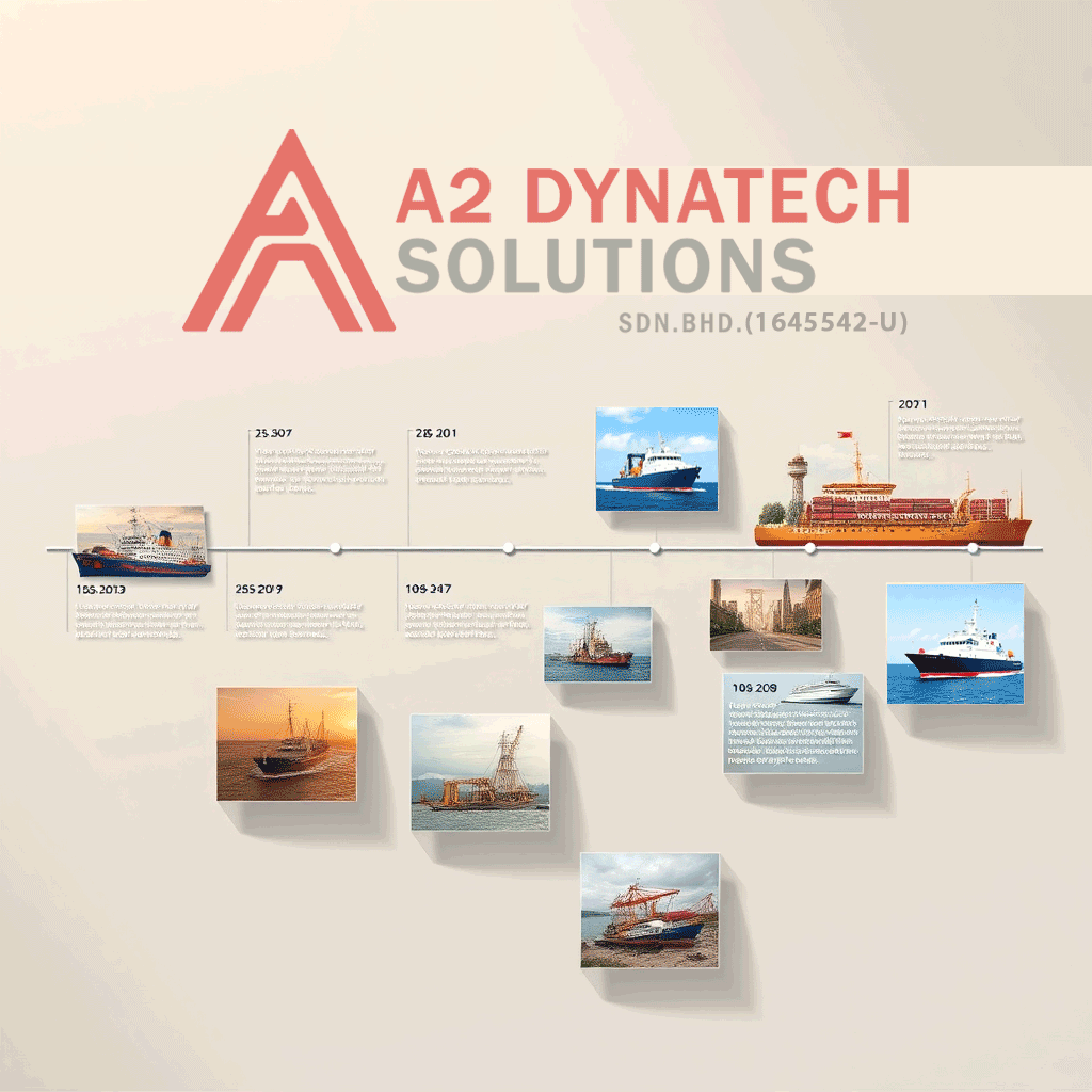 Illustrate a photorealistic image showcasing a timeline visual representing the history of A2 DYNATECH SOLUTIONS SDN BHD. Include key milestones with images of past projects, offices, and employees. Use balanced, natural lighting with highlights on images that represent significant achievements. The color palette should be warm, invoking nostalgia, with earth tones combined with maritime imagery. The composition should allow viewers to follow the timeline easily while engaging with the important moments visually. Aim for high-quality clarity in the visuals.